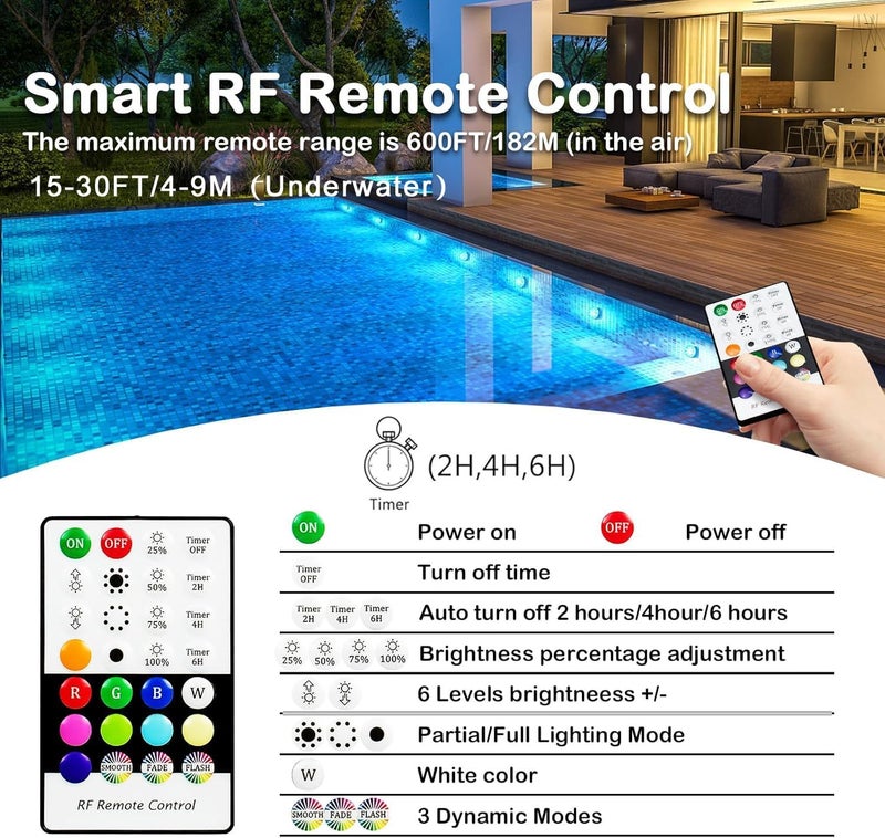 idyl light أضواء بركة السباحة تحت الماء للمسابح فوق الأرض وتحت الأرض مع مؤقت عن بُعد، أضواء LED RGB مغناطيسية قابلة للشحن 16 لون 9 أوضاع للحمامات الساخنة، النوافير - 2 عبوة - Image 5